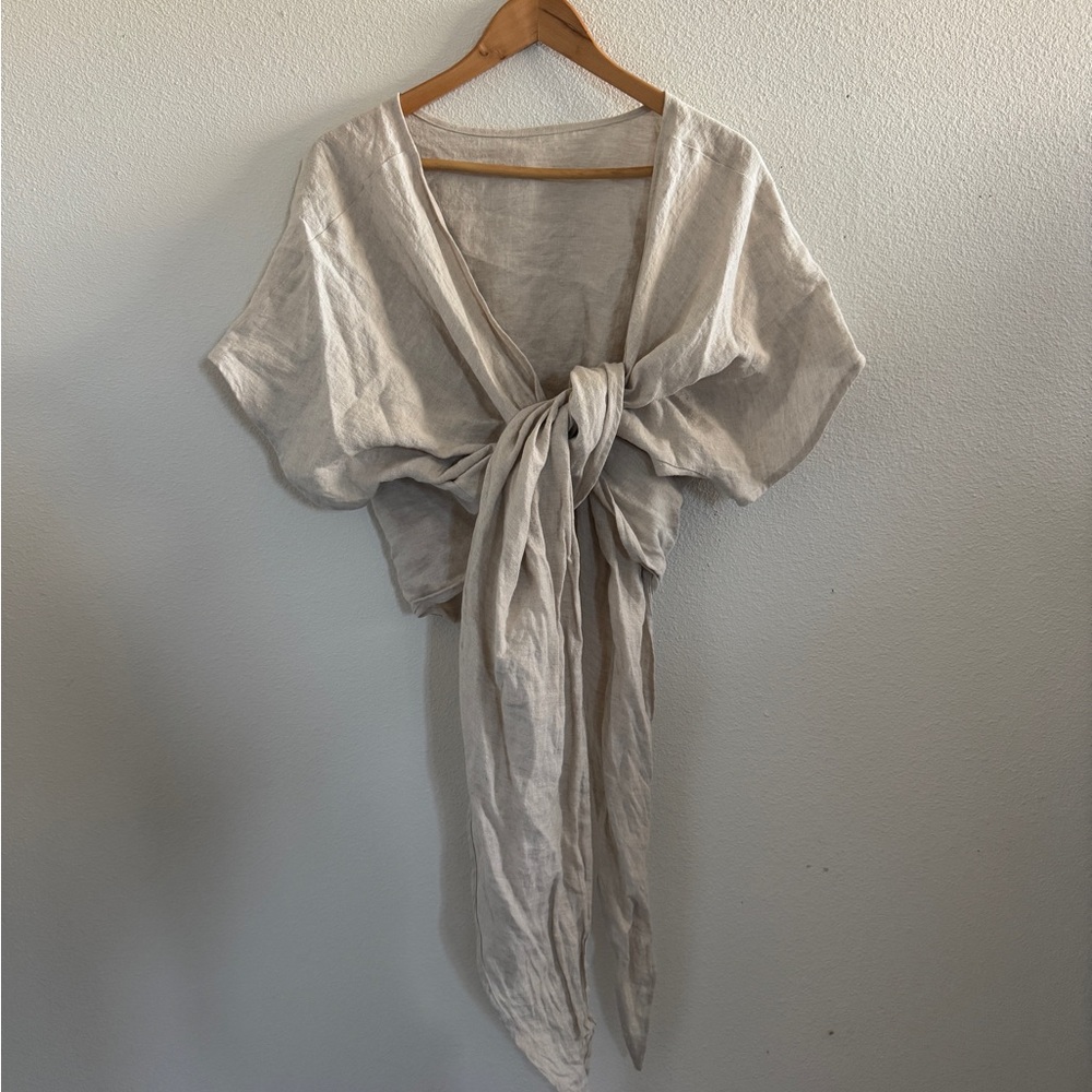 Linen Hackwith Cream Tie-Front Blouse